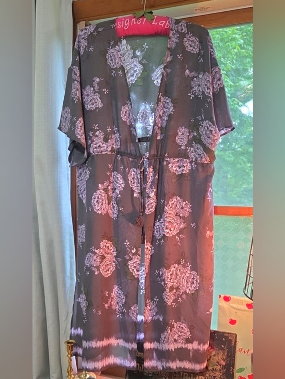 Maurices Sheer Floral Kimono Cover-Up in Lavender on Charcoal
